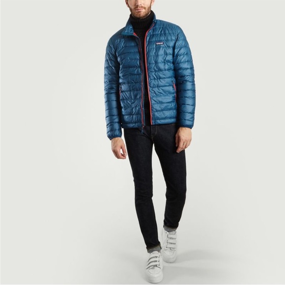 Patagonia Men’s Down Sweater Puffer Jacket – Big Sur Blue, Fire Red, Size L - Picture 7 of 7